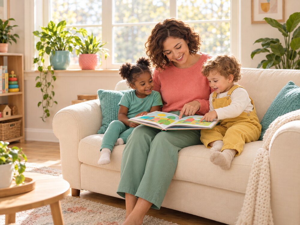 A caregiver reading a picture book to attentive toddlers on a couch in a warm, sunlit home