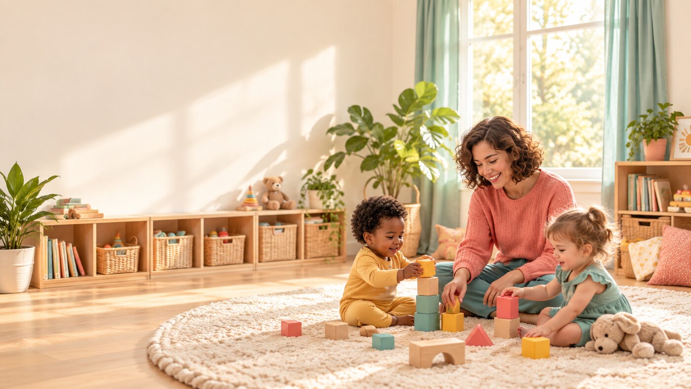 Children happily playing with blocks and toys while a caregiver joins them in a cozy home playroom