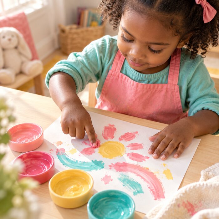 A preschooler finger-painting cheerful shapes at a craft table