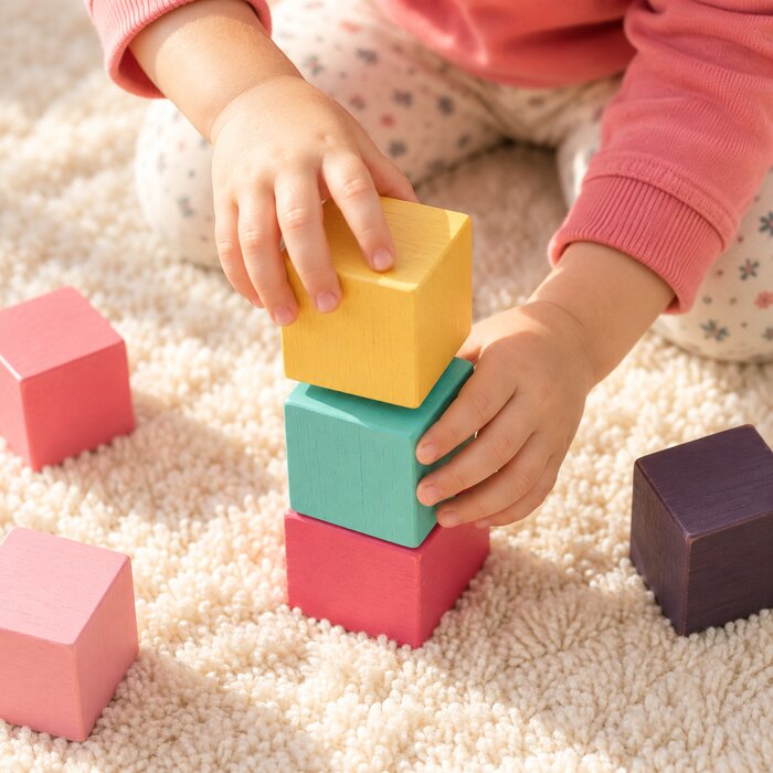 A toddler's hands stacking colorful wooden blocks on a soft rug